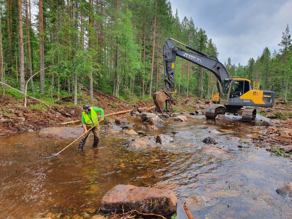 Person och grävmaskin som jobbar i ett vattendrag.