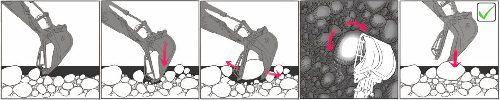 Illustration som visar en grävskopa som gräver och förankrar mindre lock i bottenmaterialet.