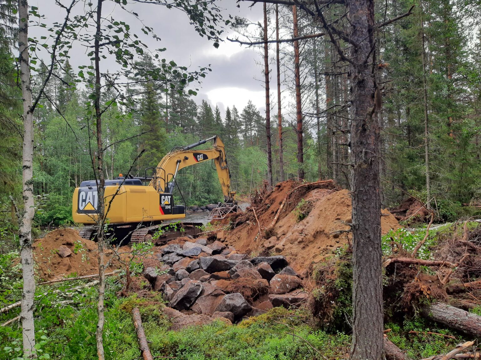 Grävmaskin i skogen.