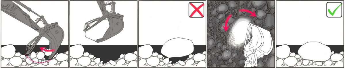 På den nedre bildserien visas hur vi behöver jobba med block som är större än 1 meter i diameter och som inte ryms helt i skopan. 